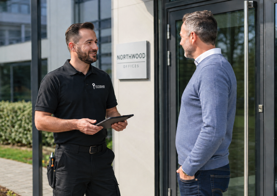 Locksmith talking to a business owner outside the office before smartlock installation