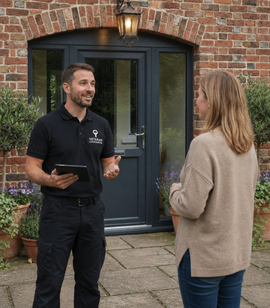 locksmith and a customer discussing a lock fix outside the property
