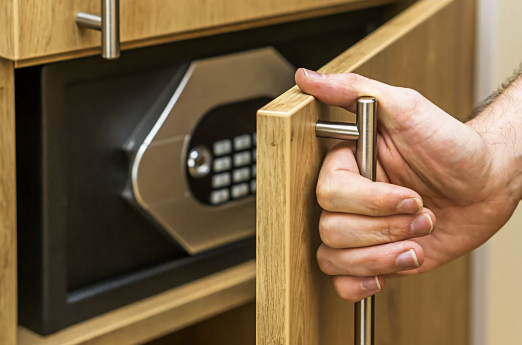 man opening cupboard door to a small metal safe