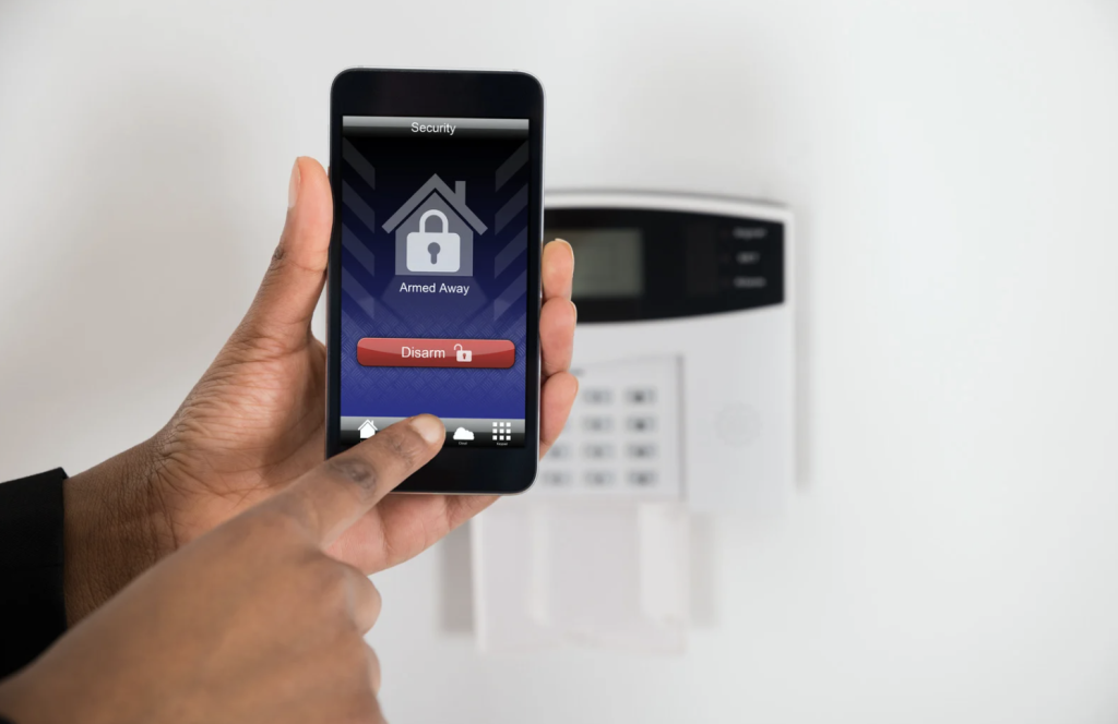 modern alarm system with a phone to disarm the alarm